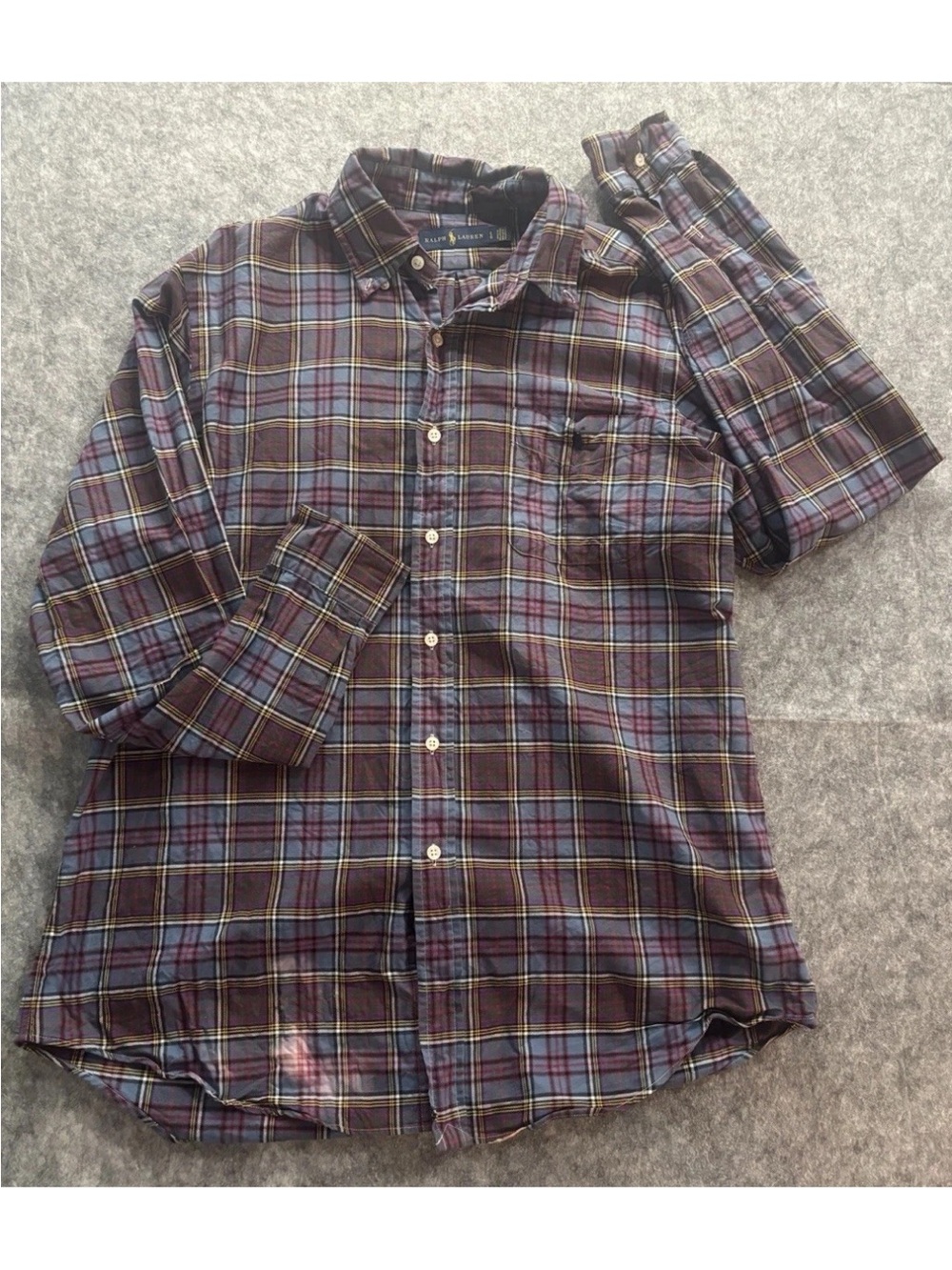 Ralph Lauren Mens L Regular Blue Red Plaid Long Sleeve Cotton Pocket Button-Up
